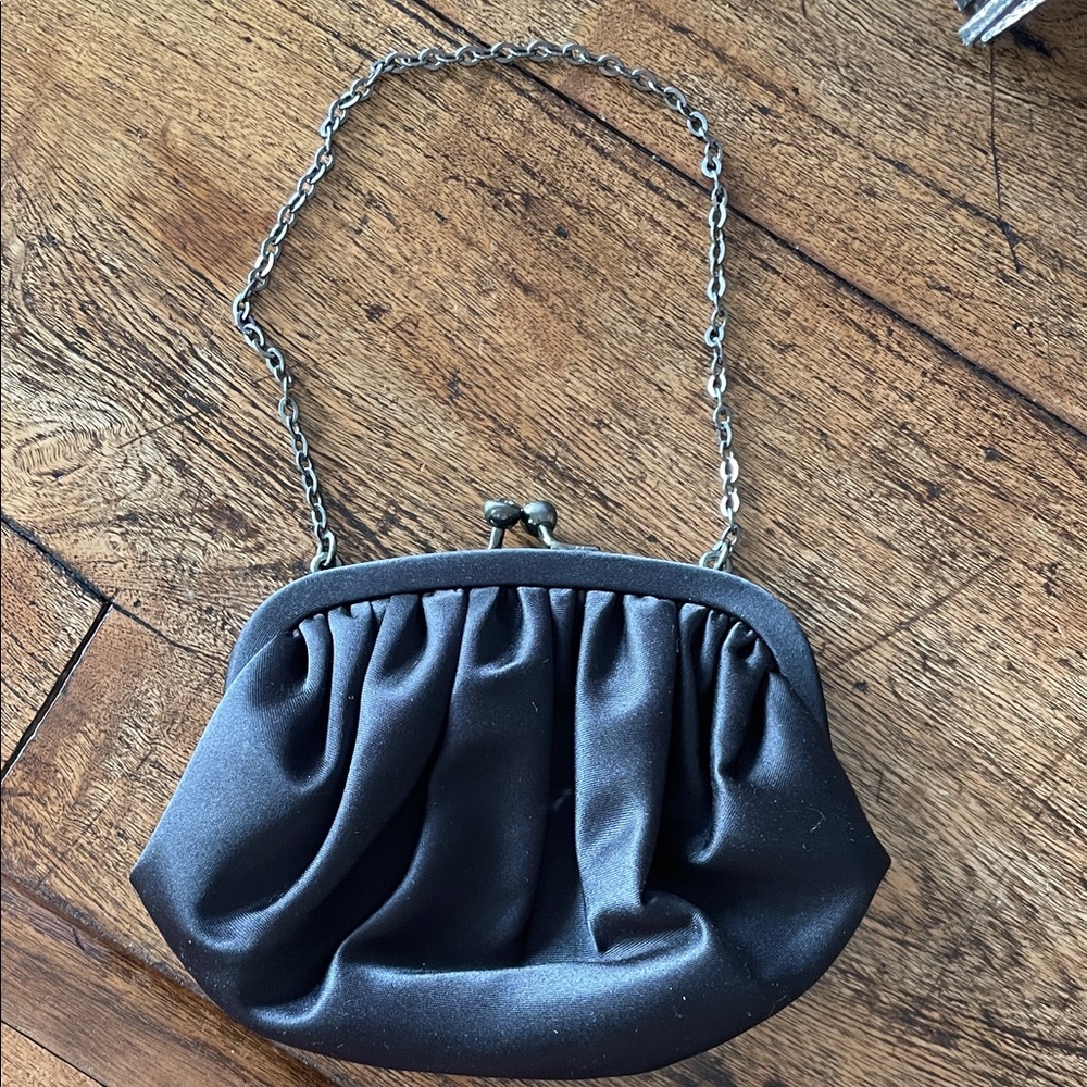 Black Satin Evening Clutch with Chain Strap